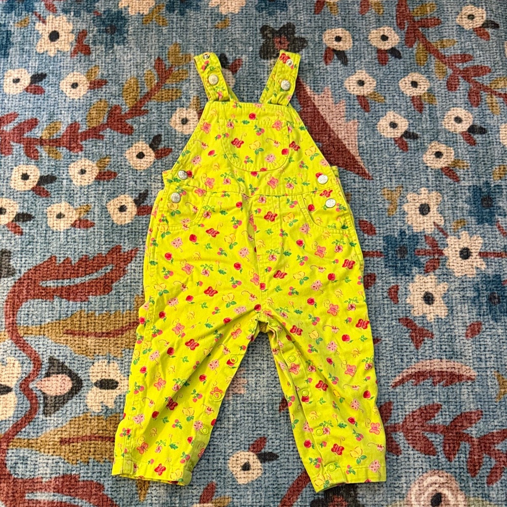 Vintage • honors • lime green with butterflies and fruit snap overalls